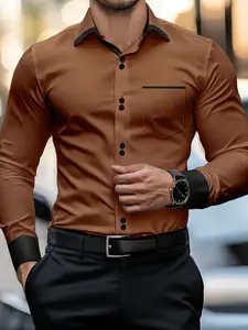 Men's Colorblock Long Sleeve Shirt, Menswear Business Casual Versatile Aesthetic, Fitted Style, All Seasons Wear, Plain Pattern, No Ca Prop 65 Warning