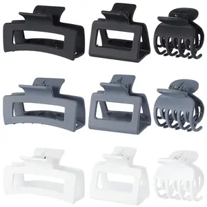 3 Style Claw Hair Clips Set for Women - 9 count Medium Rectangle Clips for Thick Hair, Square Clips for Thin Hair - Grey