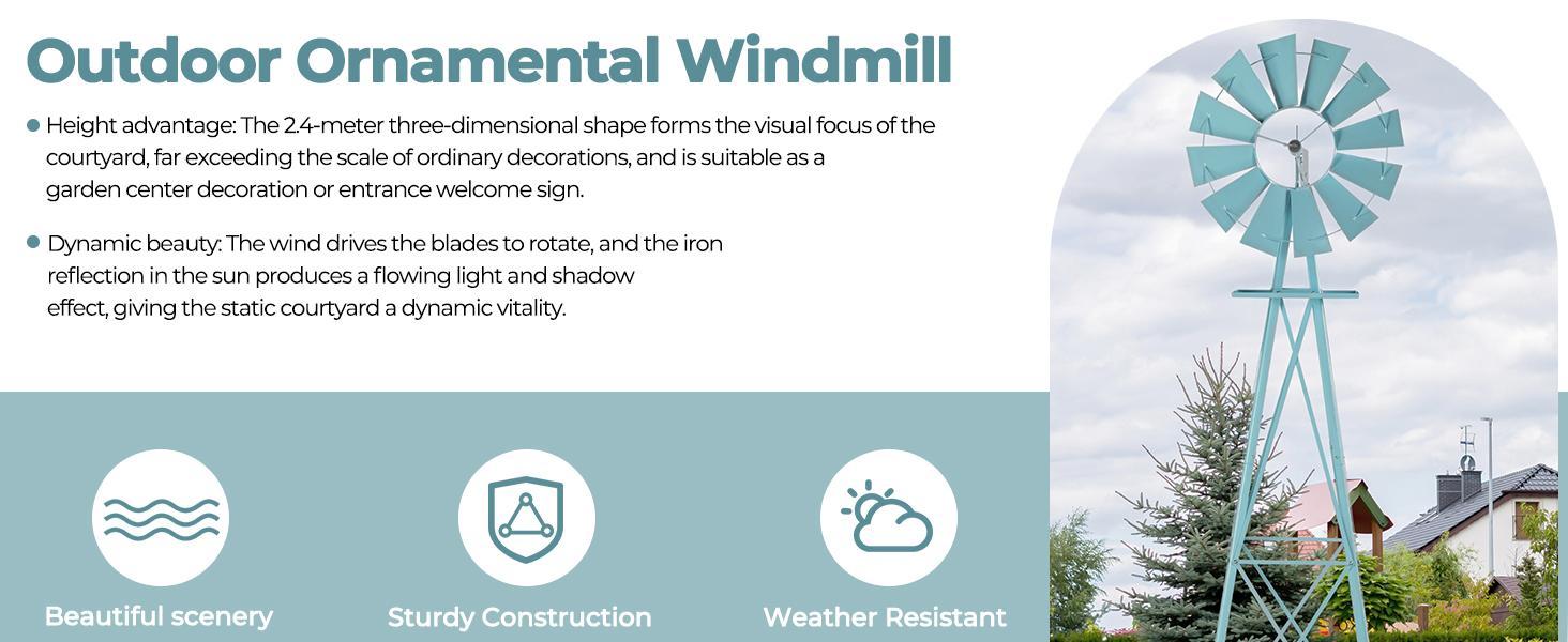 Outvita 8FT Ornamental Windmill, Heavy Duty Durable Metal Weather Vane Garden Decoration Weather Resistant for Garden, Yard, Farm, Seaside (8ft-Gray)