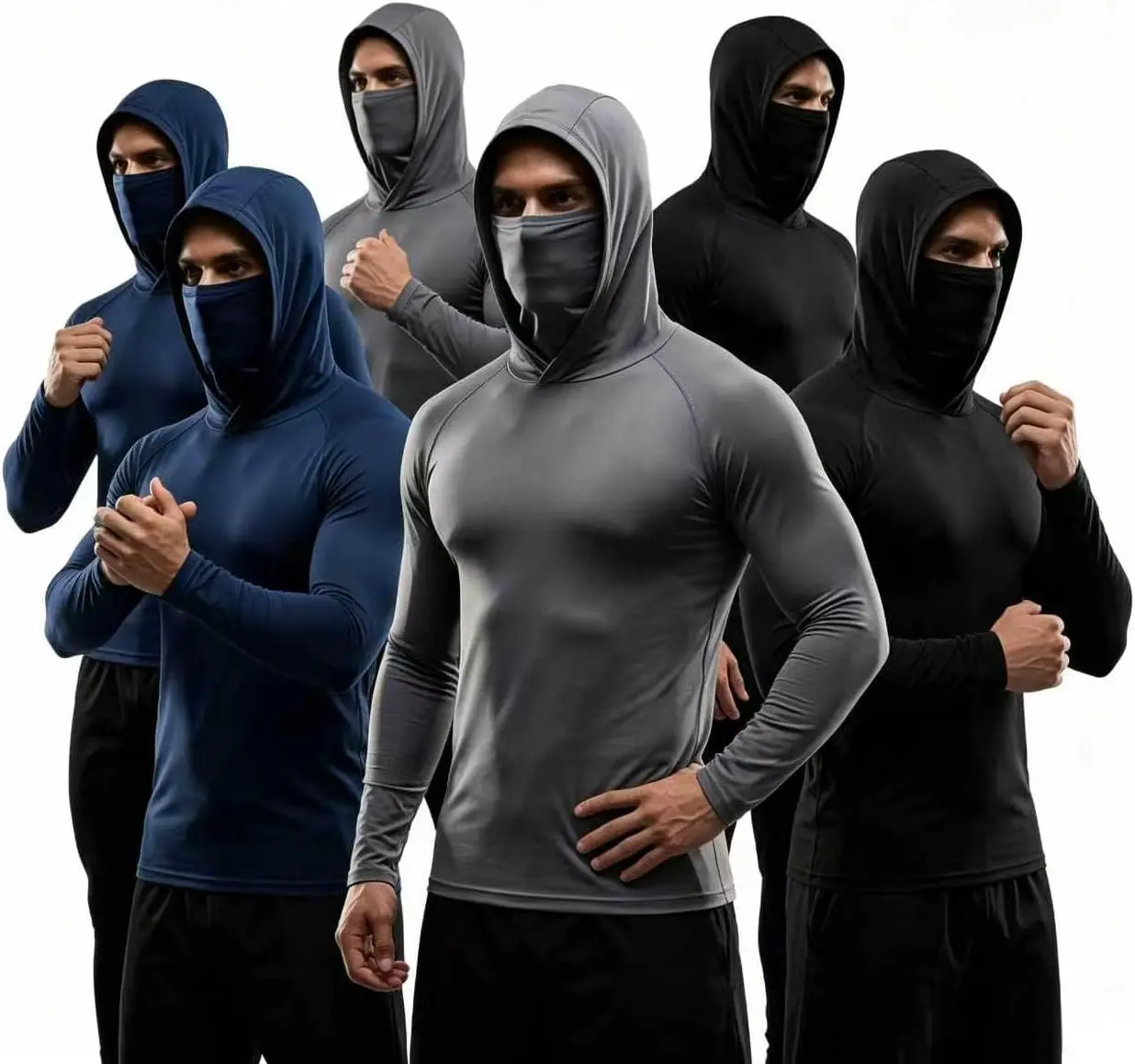 6 Pack Mens Long Sleeve UPF 50+ UV Block Hoodie with Face Mask Quick Dry Compression Sun Shirt for Fishing Work Hiking
