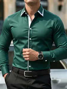 Men's Long Sleeve Shirt, Turquoise Colorblock Collar, Slim-Fitting Business Casual Shirt, High-End Luxury Style, All Seasons