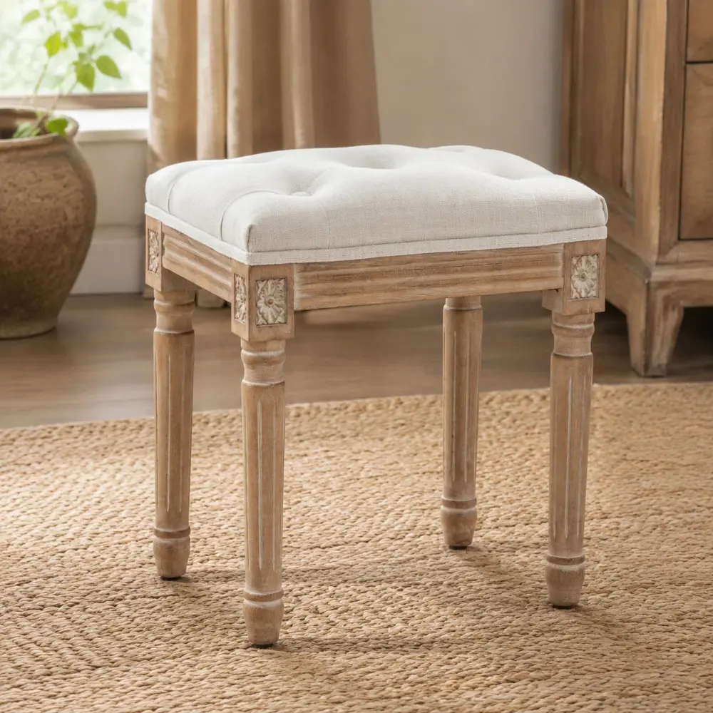 Littleox Tufted Vanity Stool with Linen Upholstery & Carved Solid Wood Legs, Dressing Bench for Bedroom, Beige