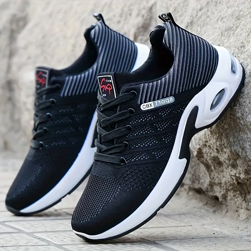 Black Friday Male Breathable Knit Fabric Running Sneakers - 1 Pair, All Seasons, Lace-Up Closure, Low Top, Round Toe, Faux Sole, Lightweight Comfortable Athletic Shoes