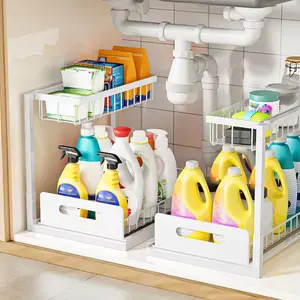 2-Tier Under Sink Storage Organizer -Pull-Out Organizers with Slide Out Shelf and MetalSliding Drawer for Kitchen, Bathroom, PantryCabinet, and Closet Organization - Space-SavingSolution for Maximizing Storage Capacity