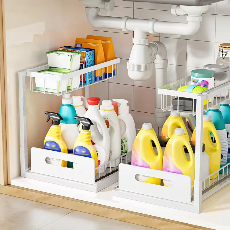 2-Tier Under Sink Storage Organizer -Pull-Out Organizers with Slide Out Shelf and MetalSliding Drawer for Kitchen, Bathroom, PantryCabinet, and Closet Organization - Space-SavingSolution for Maximizing Storage Capacity