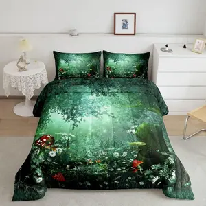 Feelyou Magical Microfiber Duvet Set - Women's Cute Soft Warm Quilted Breathable Decorative Bedding Set with Mushroom, Daisy Leaves, Branches & Sunset Nature Design for Bedroom Decor, Breathable Duvet Set