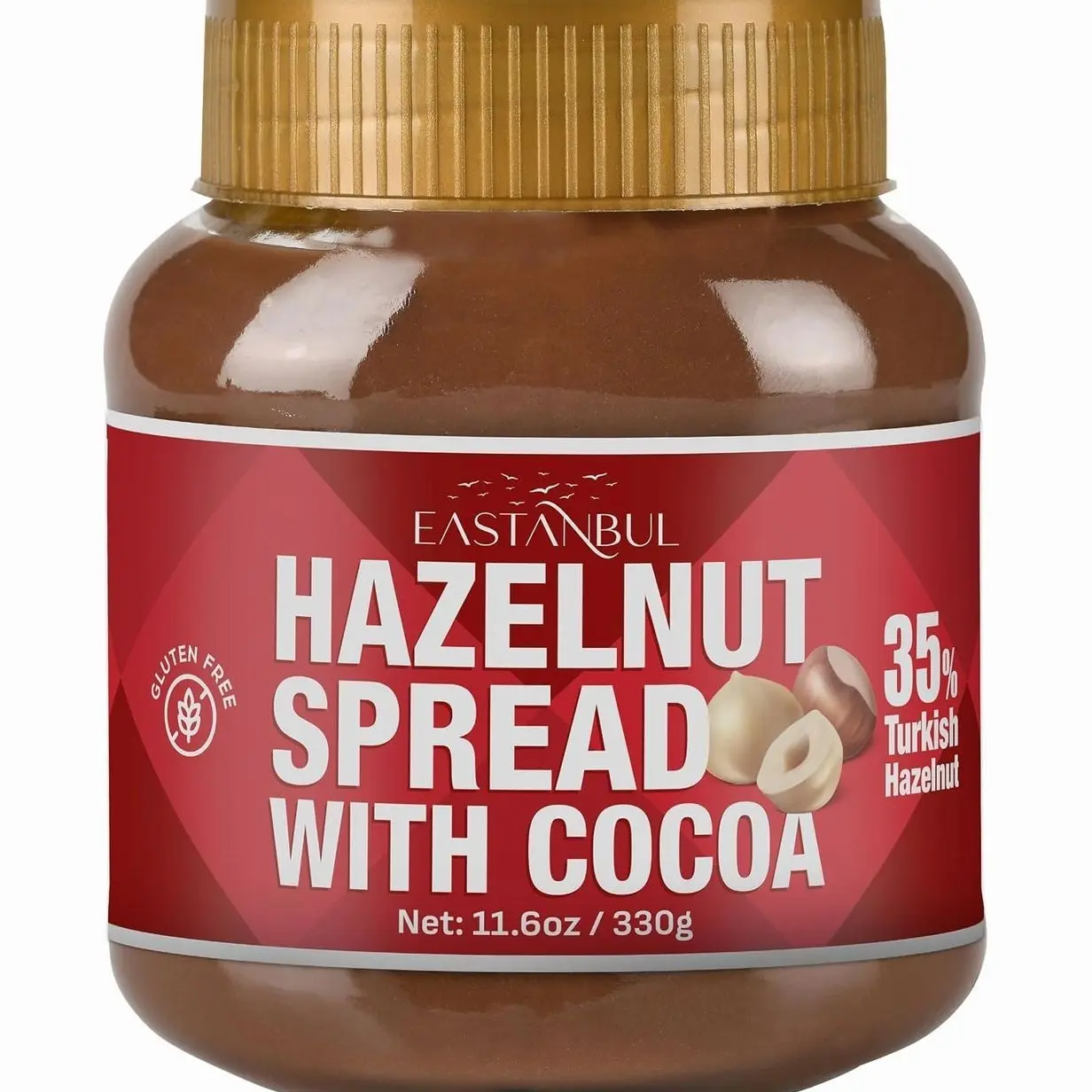 Eastanbul Cocoa Hazelnut Spread, 11.6oz, Chocolate Hazelnut Spread, No Palm Oil, Rich & Creamy 35% Nuts, Gluten-Free, Low Sugar, All Natural Ingredients, No Additives