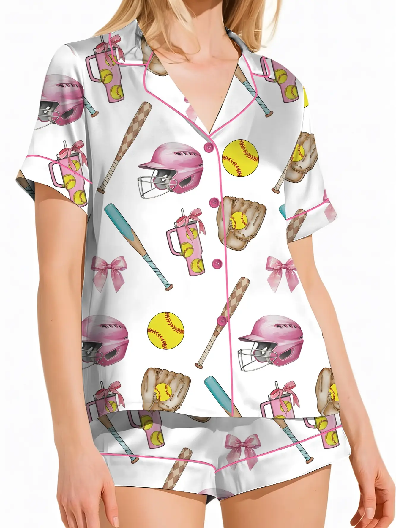 Softball Satin Pajamas Set, Women's White Satin Pajama Set – Softball Print Sleepwear, Sporty Summer Loungewear