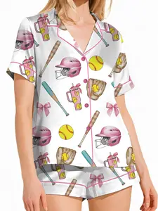 Softball Satin Pajamas Set, Women's White Satin Pajama Set – Softball Print Sleepwear, Sporty Summer Loungewear