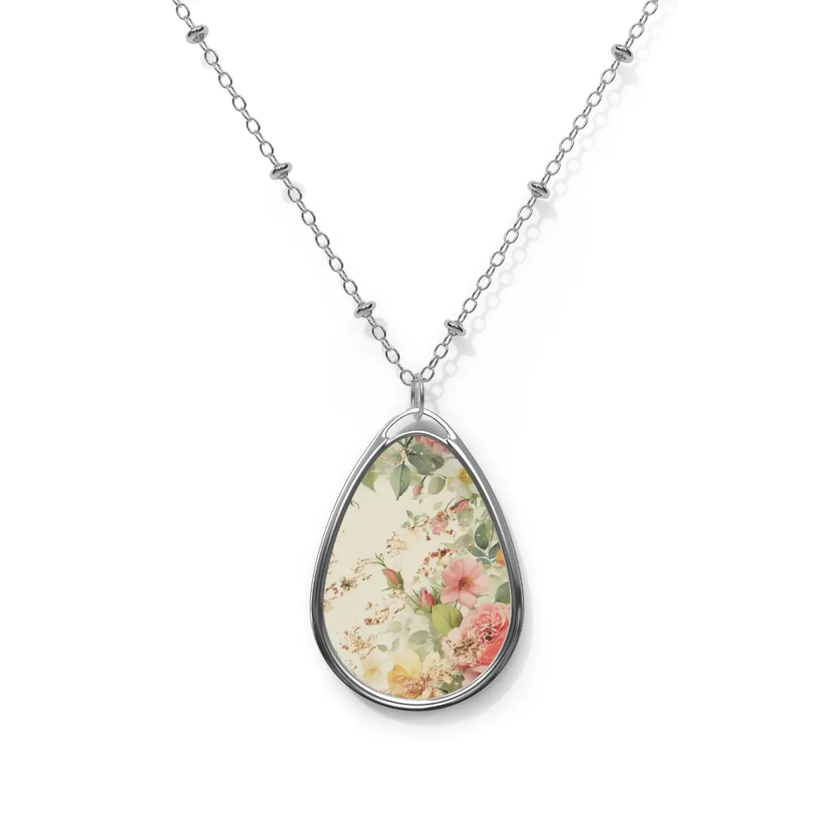 Floral Oval Necklace Jewelry, Pink and Yellow Flowers Pendant, Gift for Her, Spring Jewelry, Garden Theme Necklace, Botanical Nature