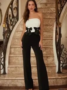 Strapless Ribbon Slit Top Pants Set Stretch Fabric