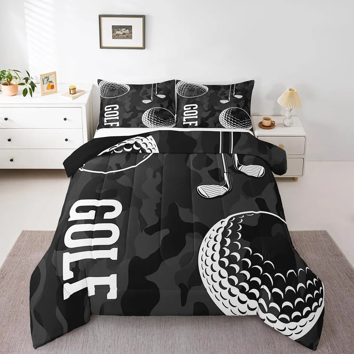 Feelyou Multi-Size Microfiber Bedding Set - Soft, Lightweight, Breathable Black Camo Golf Motif Sports Theme Quilt, Travel-Friendly Lightweight Duvet Set, Breathable Quilt Set