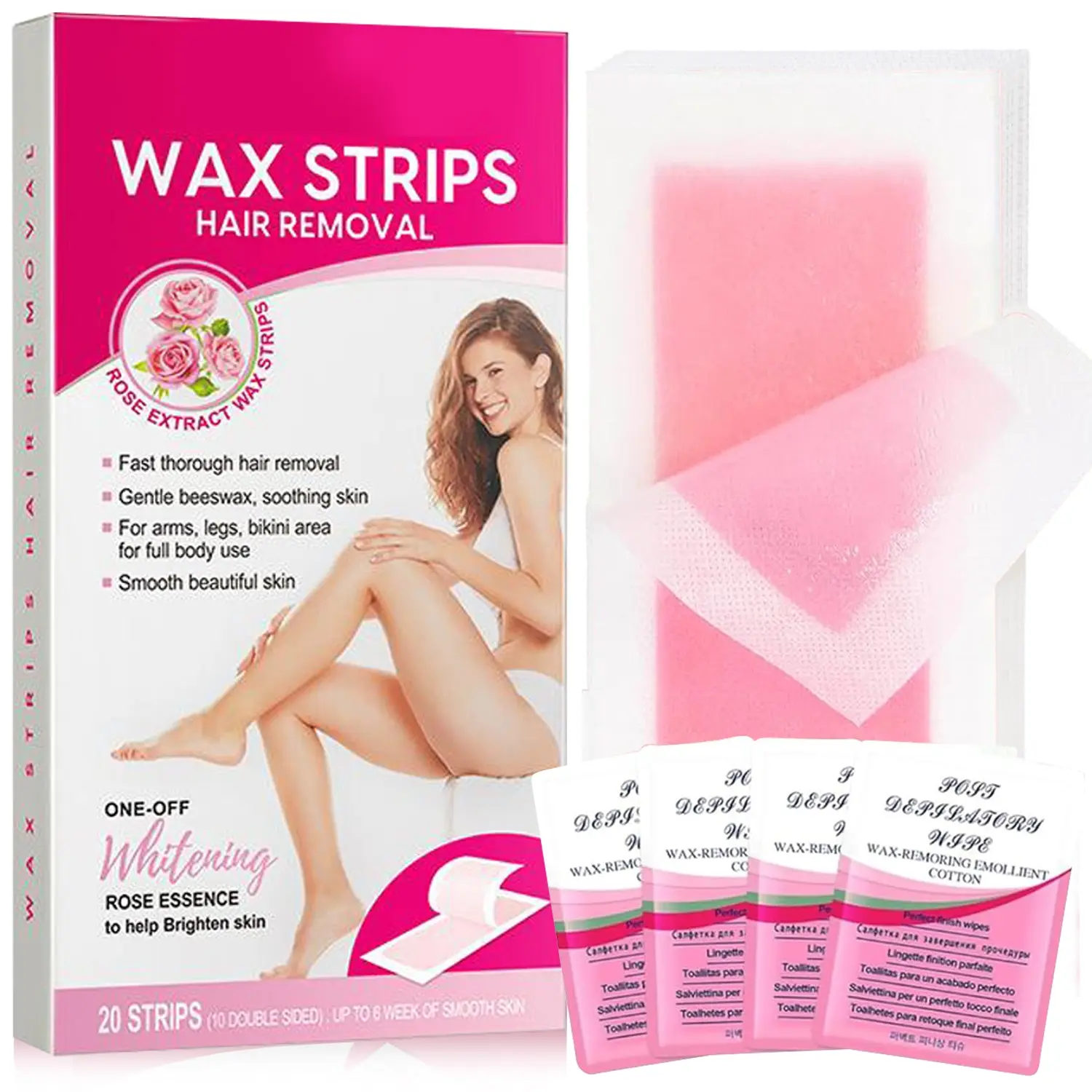 20pcs Women's Body Hair Removal Wax Paper Set, Hypoallergenic Beeswax Formula, Suitable for All Skin Types, Bikini Hair Removal Kit, Includes 4 Soothing Wipes