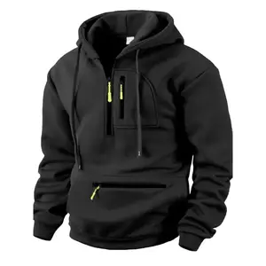 Men's Half Zip Pullover Hoodie with Drawstring Hood, Zipper Pockets, Regular Fit, Casual Streetwear, Soft & Warm Fabric