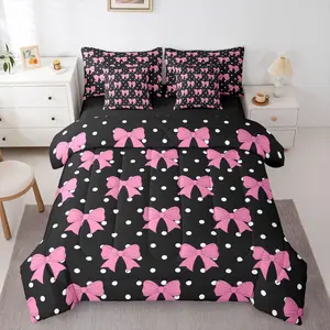 Cartoon Bowknot Comforter Set with Sheets for Kids Boys Girls Bows & Polka Dots 7 Pieces Bedding Set Kawaii Bed in a Bag Pink Black Room Decor Soft Lightweight Microfiber