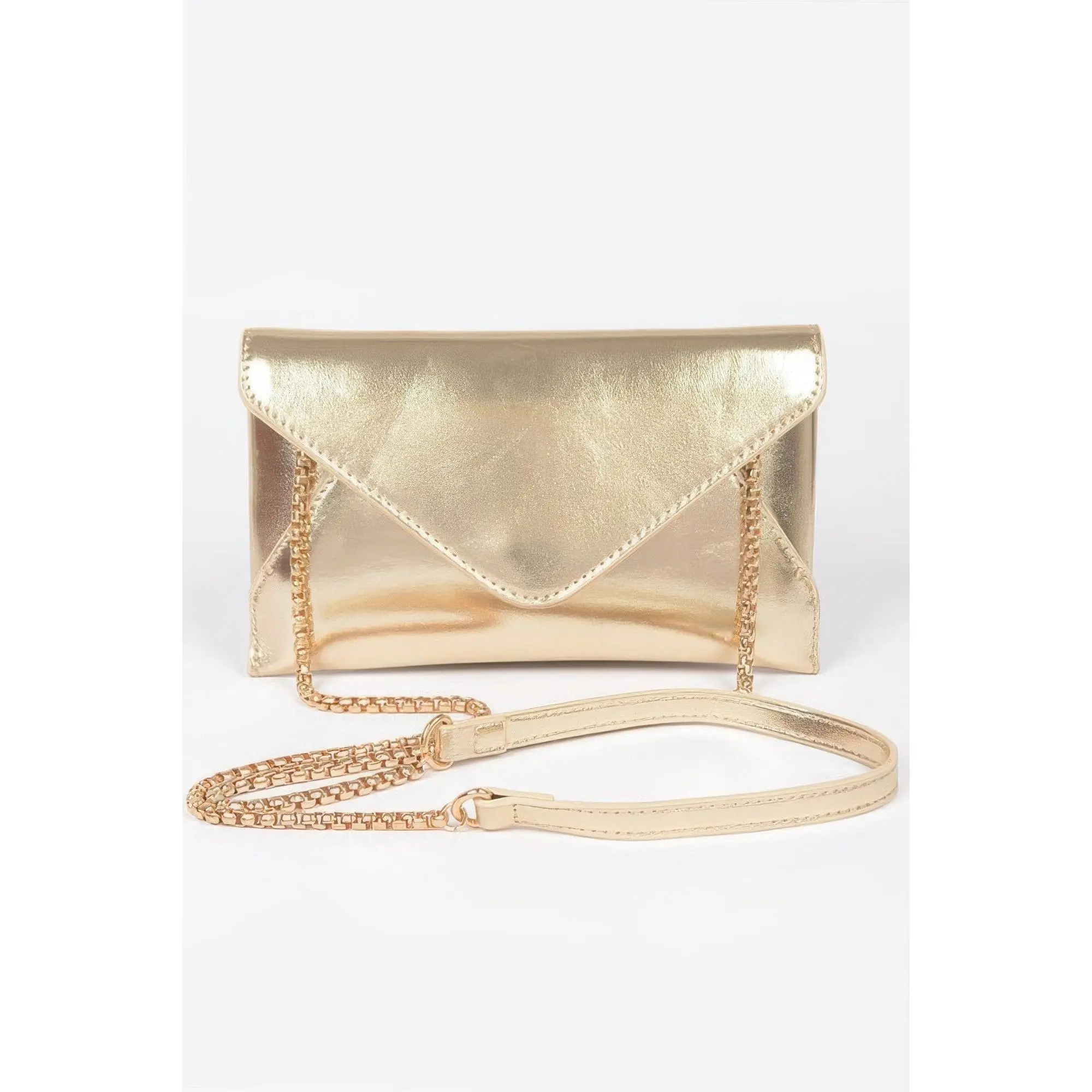 Women's Metallic Minimalist Synthetic Small Envelope Clutch, Lightweight Evening Bag with Chain Strap