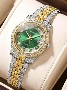 Elegant Mother's Day Gift Watch, Rhodium Plated Bezel & Emerald Dial, Quartz Movement, Date Display, Casual Style, All Seasons Wear