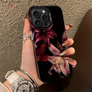 1pc Retro Black Background Red Lily IMD Laser Phone Case, Suitable for Apple iPhone 17 16 15 14 13 12 11 Mini Plus Pro Max SE Series, Stylish Minimalist Full-Body Transparent Protective Cover with Cute Design