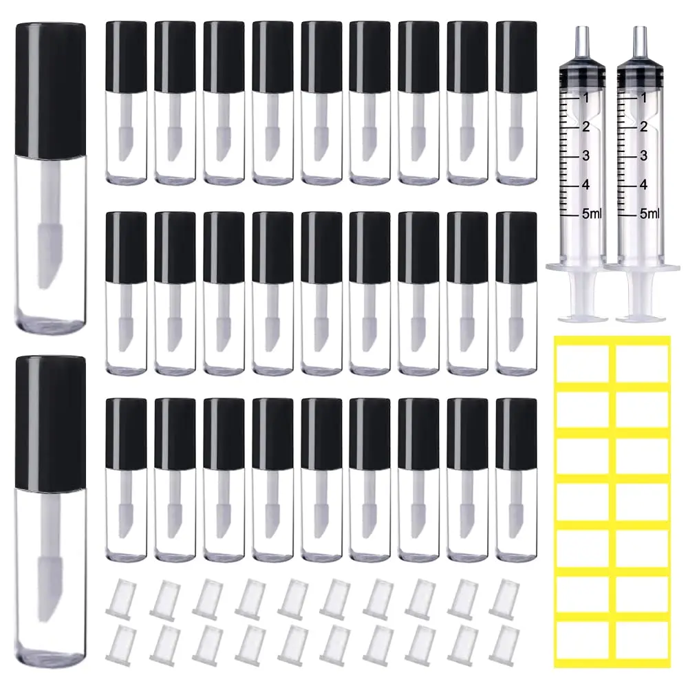 50 Mini Lip Gloss Tubes with 1.2ml Empty Containers Clear Refillable Travel Lip Balm Bottles for Samples with 5ml  DIY Lip Gloss Base + Tag Labels Stickers (Black)