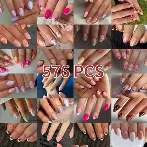 576pcs Short Round Sweet Girl Nail Set, Multiple Styles Mixed, Reusable Without Glue, Perfect for Dating Picnics Daily Use