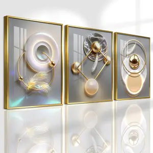 3 Counts Aluminum Alloy Framed Painting, Abstract Golden Circles And Feathers Pictures, Abstract Design, Home Decoration For Living Room, Bedroom Wall Decor, Odorless Abstract Pattern Print Artwork, Perfect Gift For Friends And Family