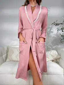 Women's Striped Print Lace Trim Bathrobe, Casual Long Sleeve Open Front Robe for Women, Women's Sleepwear for Spring & Fall, Gowns
