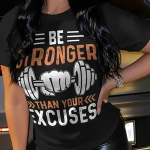 Women's Fitness Motivational T-Shirt "Be Stronger Than Your Excuses" - Breathable Short Sleeve Round Neck Workout Top with Gym Slogan Print, Casual Summer Wear Suitable for All, -Line Athletic Shirt (S-2XL, Black/Pink/Orange)
