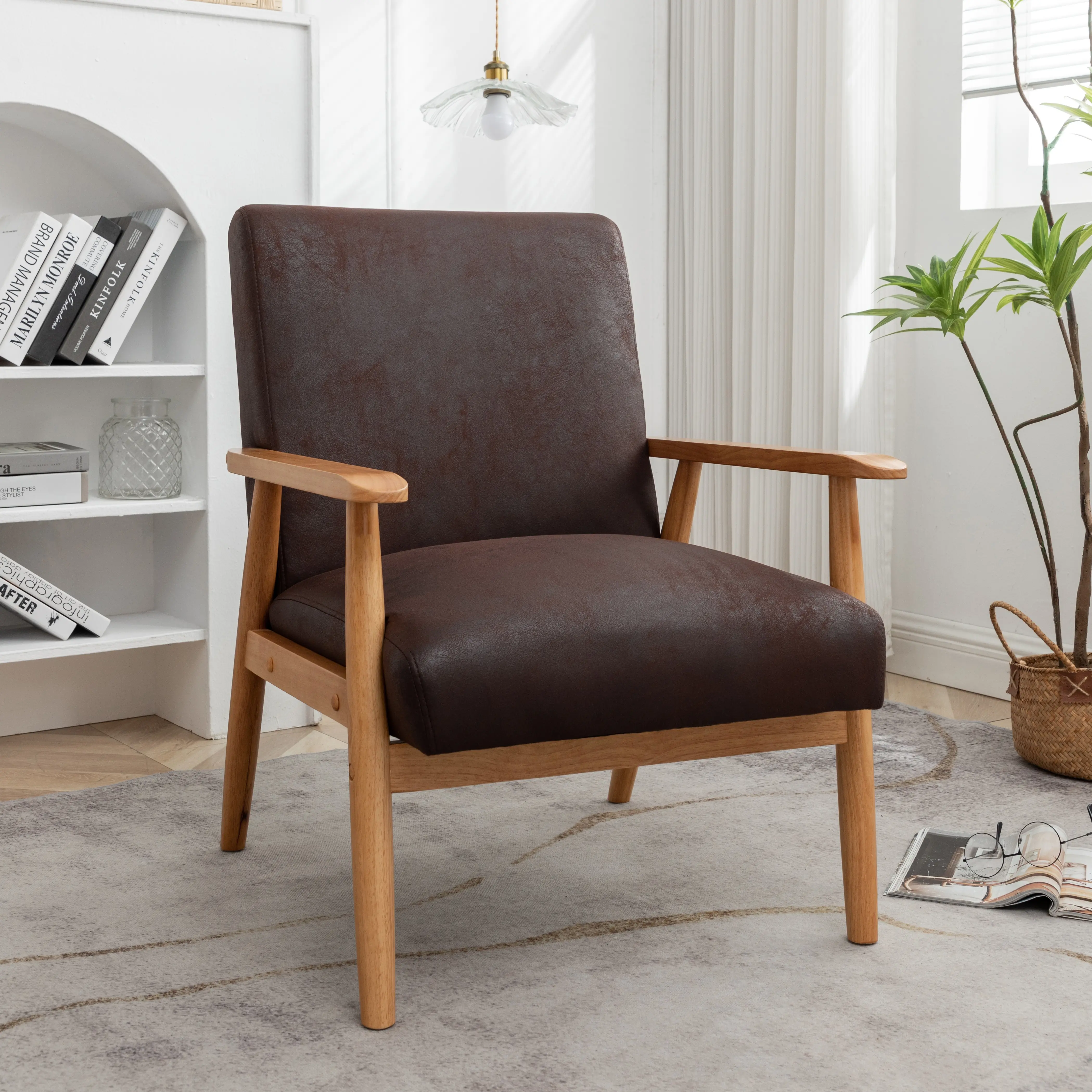 Midcentury Modern Arm Chair - 25.38in Wide Retro Style Ergonomic Support Armchair, Dark Brown Elegant Leather-Look Microfiber Upholstery, Solid Wood Frame Modern Home Armchair for Living Room, Ergonomic Support Armchairs