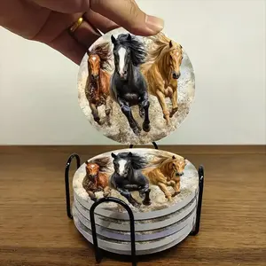 6-Piece Coaster Set, Ceramic Material Non-Slip Heat Resistant - Galloping Horses, Suitable for Coffee and Beverages, Ideal for Home and Restaurant Decoration, Exquisite Birthday or Holiday Gift