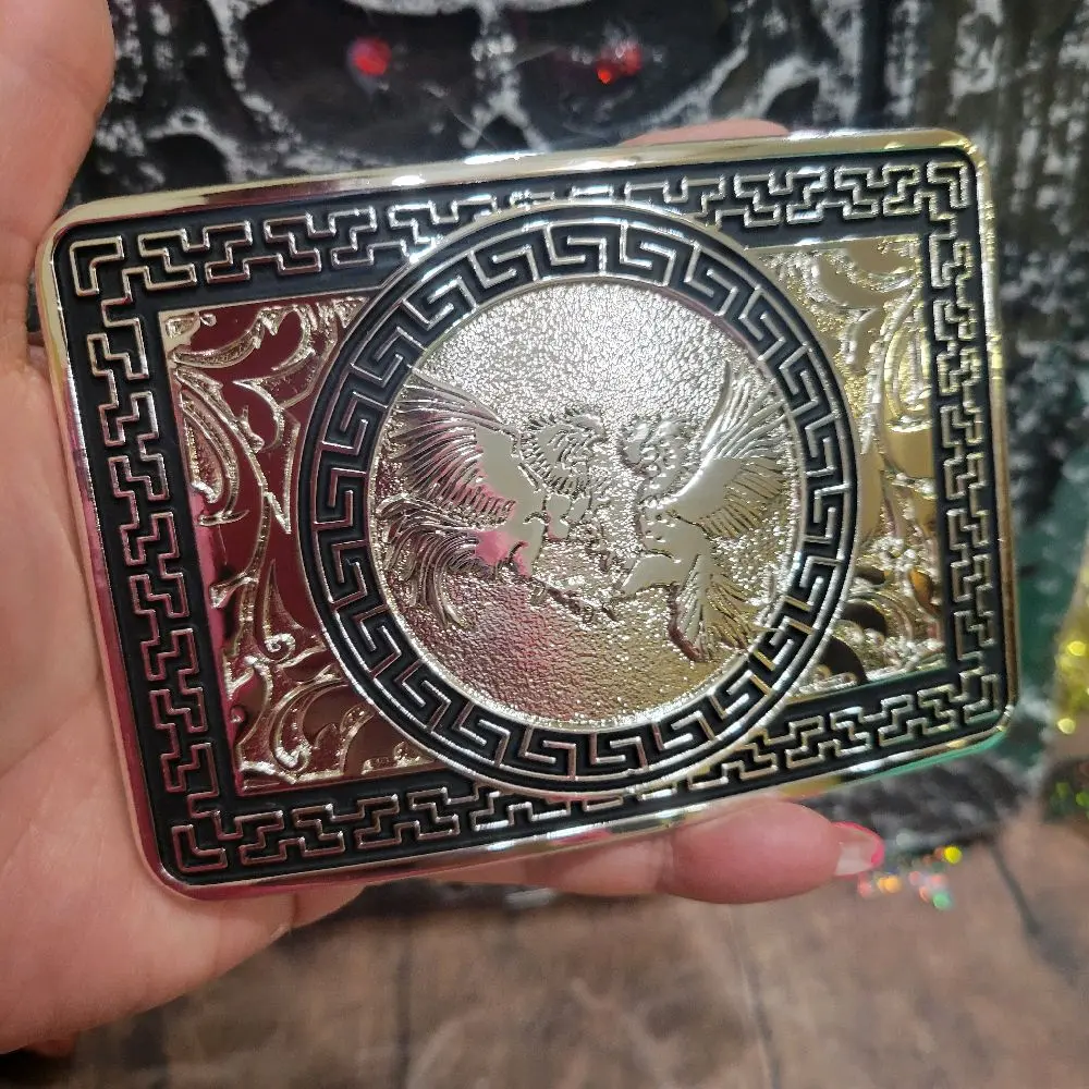 Fighting Roosters  Belt Buckle Design silver tone  with Central Emblem, Rectangular Style, and Decorative Elements, Unisex, Metal, 4.5 x 3.5 Inches