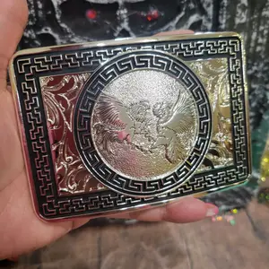 Fighting Roosters  Belt Buckle Design silver tone  with Central Emblem, Rectangular Style, and Decorative Elements, Unisex, Metal, 4.5 x 3.5 Inches