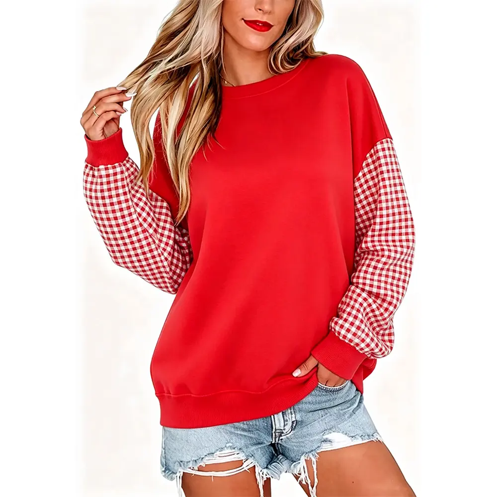 Womens Fashion New Color Block Long Sleeve Crewneck Knitted Casual Loose Pullover Shirts Tops
