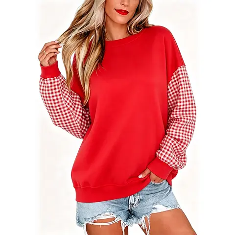Womens Fashion New Color Block Long Sleeve Crewneck Knitted Casual Loose Pullover Shirts Tops