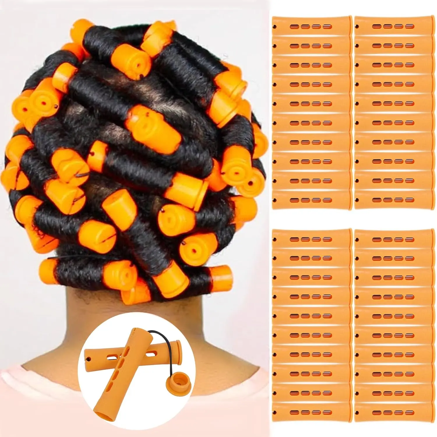 40PCS Cold Wave Perm Rods Set with Steel Teeth Comb, Orange No-Heat Plastic Hair Rollers with Rubber Bands for Women’s Long, Short & Natural Hair, Home or Salon Styling
