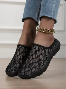 Women Breathable Lace Slip On Mule Sneakers Thick Sole Non Slip Backless Walking Shoes