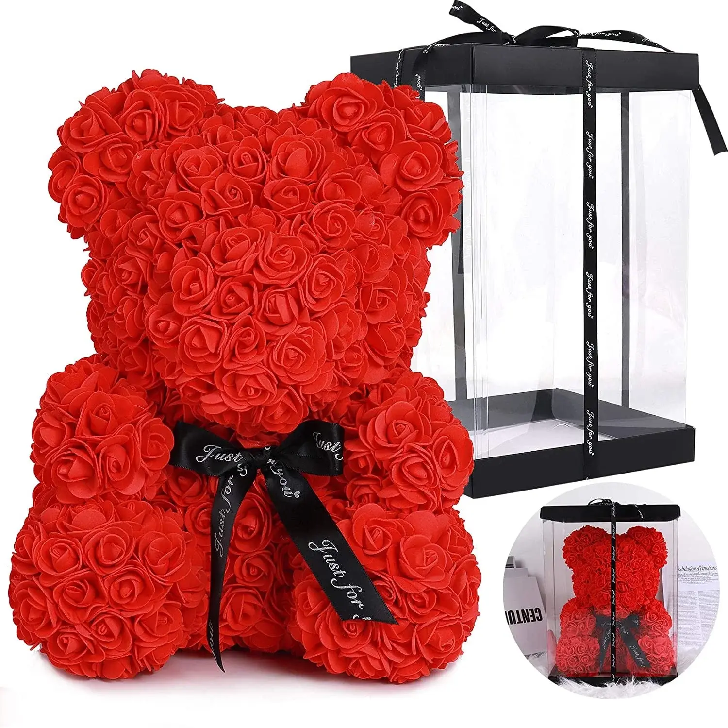 RECUTMS 10 Inch Artificial Rose Bear Flowers Wedding Party Decoration Gift Box(Red)