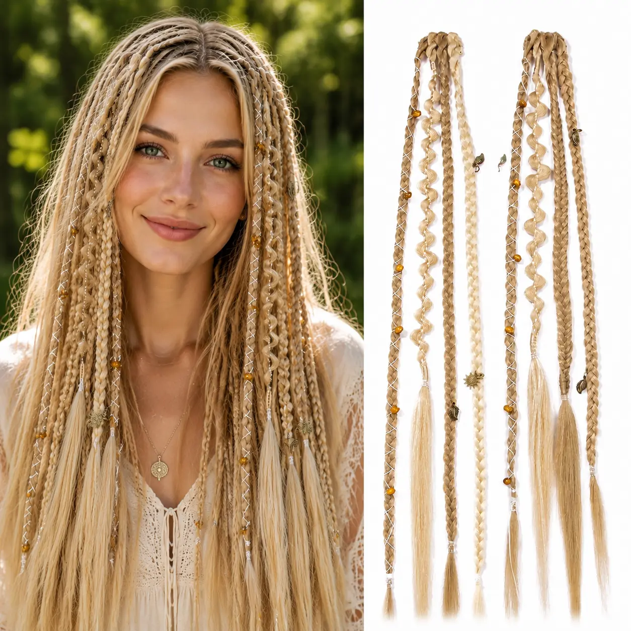 Clip in Braid Hair Extensions for Women, 16" Boho Dreadlock Clip in Braids with Beads & Charms, 2PCS Synthetic Braided Hairpieces for Cosplay Daily, Medium Blonde with Light Blonde