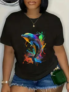 100% Cotton Unisex Cute Dolphin Design Colorful Pop Art Dolphin Lovers Round Neck Short Sleeve T-Shirt Women's Men Graphic Tee