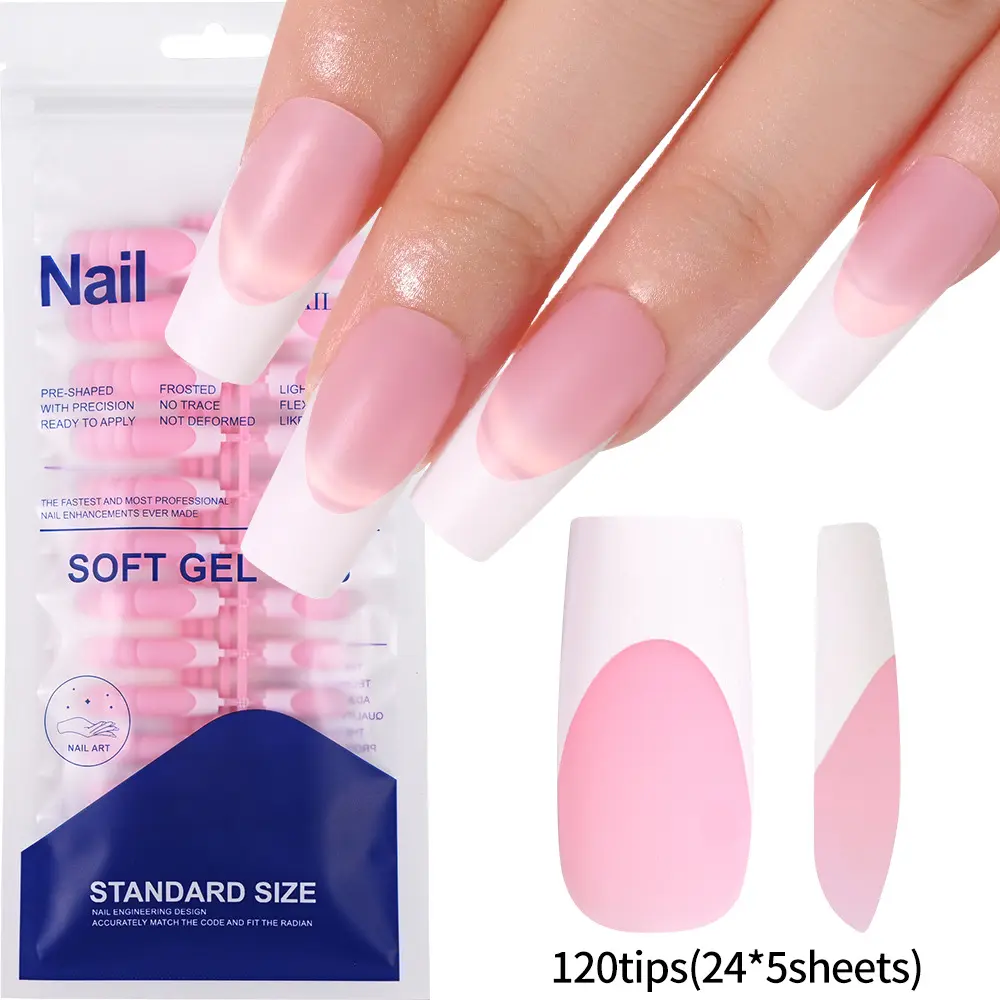 Short Sharp Square White French Tip Nail Tips Press on BABY PINK, Need Builder Gel Top Coat Nail Glue, Soft Gel Fake Nail Extension, Full Cover False Nails for Salon DIY x 15 Sizes 120 pcs