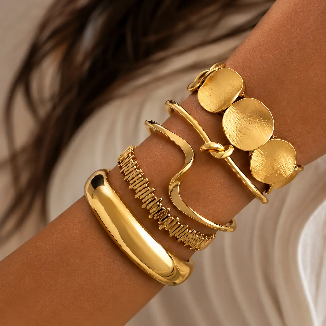 17KM 5 Pcs 14K Gold Plated Layered Knot Bangle Cuffs, Personalized Boho Chunky Bracelets Jewelry Gift Set for Women,summerwins