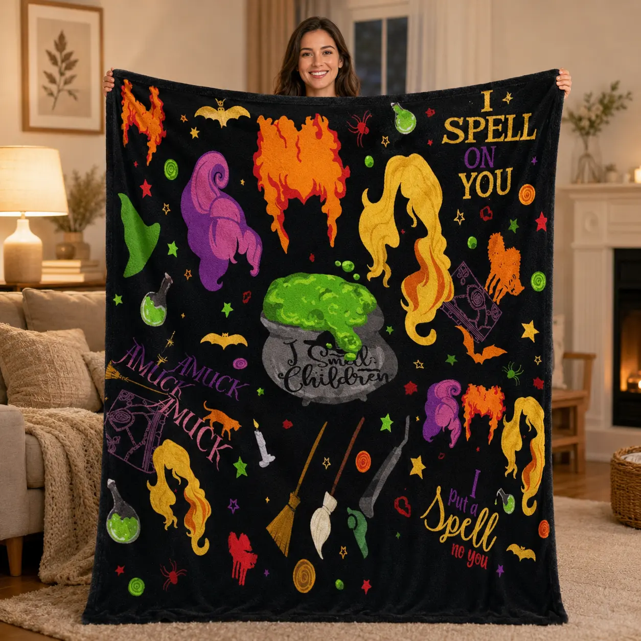 Witchy Halloween Flannel Blanket, Magic Spell Cauldron Potion Print Throw, 280gsm Soft Cozy Black Blanket for Couch Bed, Spooky Fall Home Decor