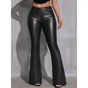 Women's Solid Color PU Leather Flare Leg Pants, Fashion Casual High Waist Bell Bottom Trousers for Daily Outdoor Wear, Women Bottoms for Fall, Womenswear