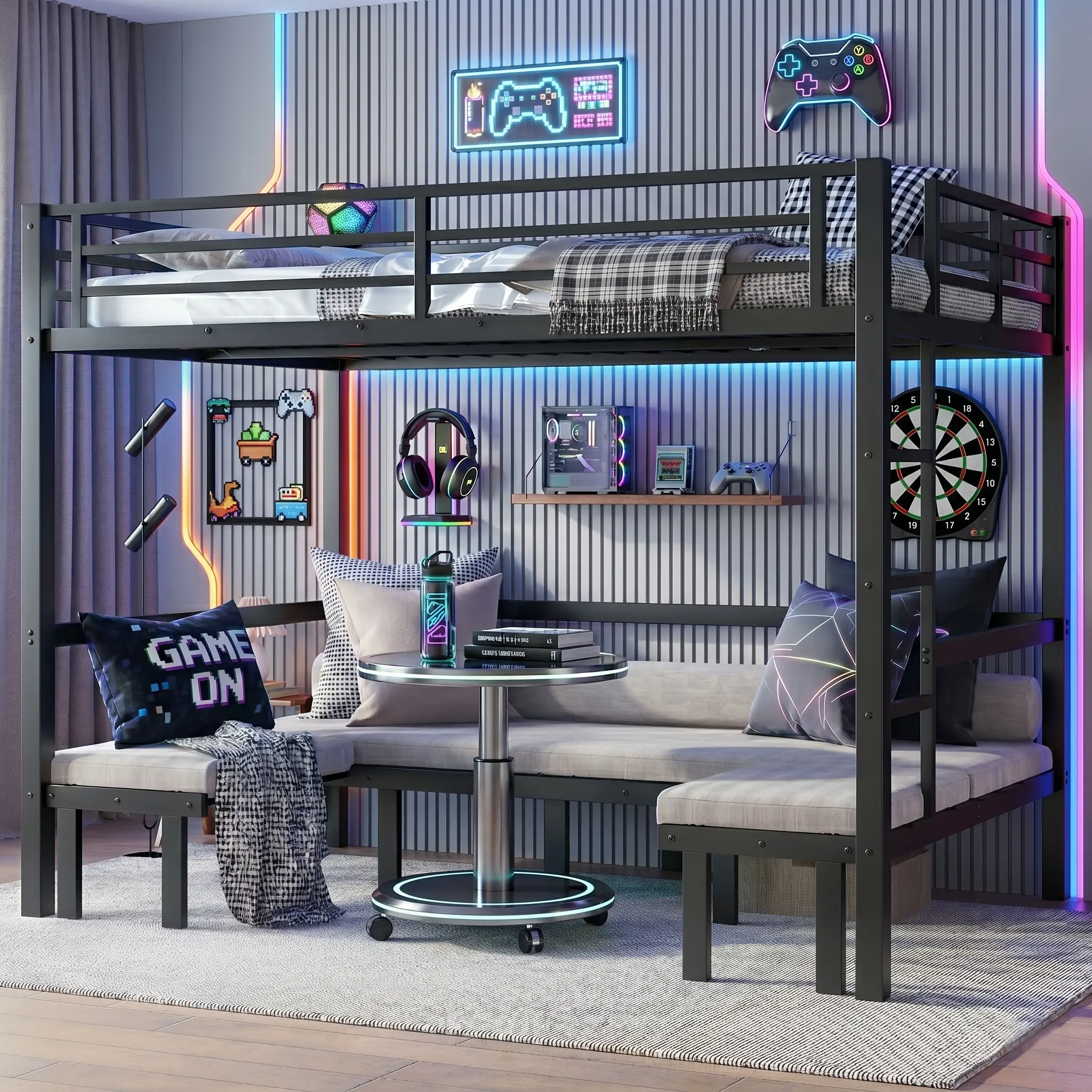 Eyisean Twin XL Over Twin XL/Full Over Full/Queen Over Queen Bunk Bed, Modern Metal Beds with Safety Guardrails, Heavy Duty Convertible U-Shaped Bed Frame, Lower Loft Beds with 3-Section Pull-Out, Easy Assembly for Adults, Without LED & Mattress, Teen, Mi