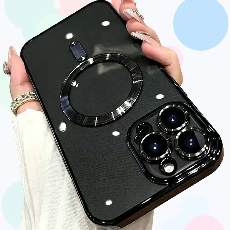 Luxury Electroplated Frame Magnetic Transparent Glossy Smartphone Case - Wireless Charging Compatible, Shockproof, Full Coverage Non-Customized Accessory for iPhones 11-17+ Pro Max/Plus
