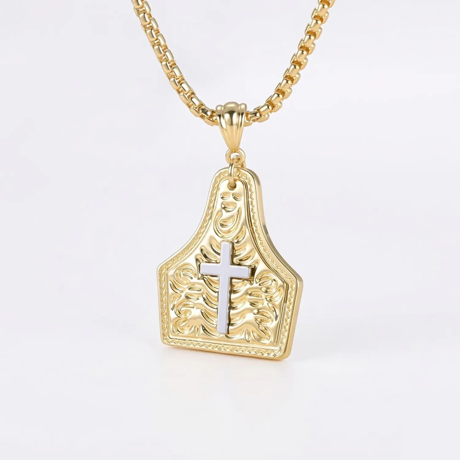 Unisex Western Cow Tag Badge Cross Pendant Necklace,14K Gold Plated Cowboy Faith Necklace With Box Chain, Vintage Rodeo Jewelry 2-Color Religious Gifts