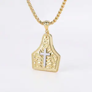 Unisex Western Cow Tag Badge Cross Pendant Necklace, 14K Gold Plated Cowboy Faith Necklace With Box Chain, Vintage Rodeo Jewelry Two-Color Religious Gifts