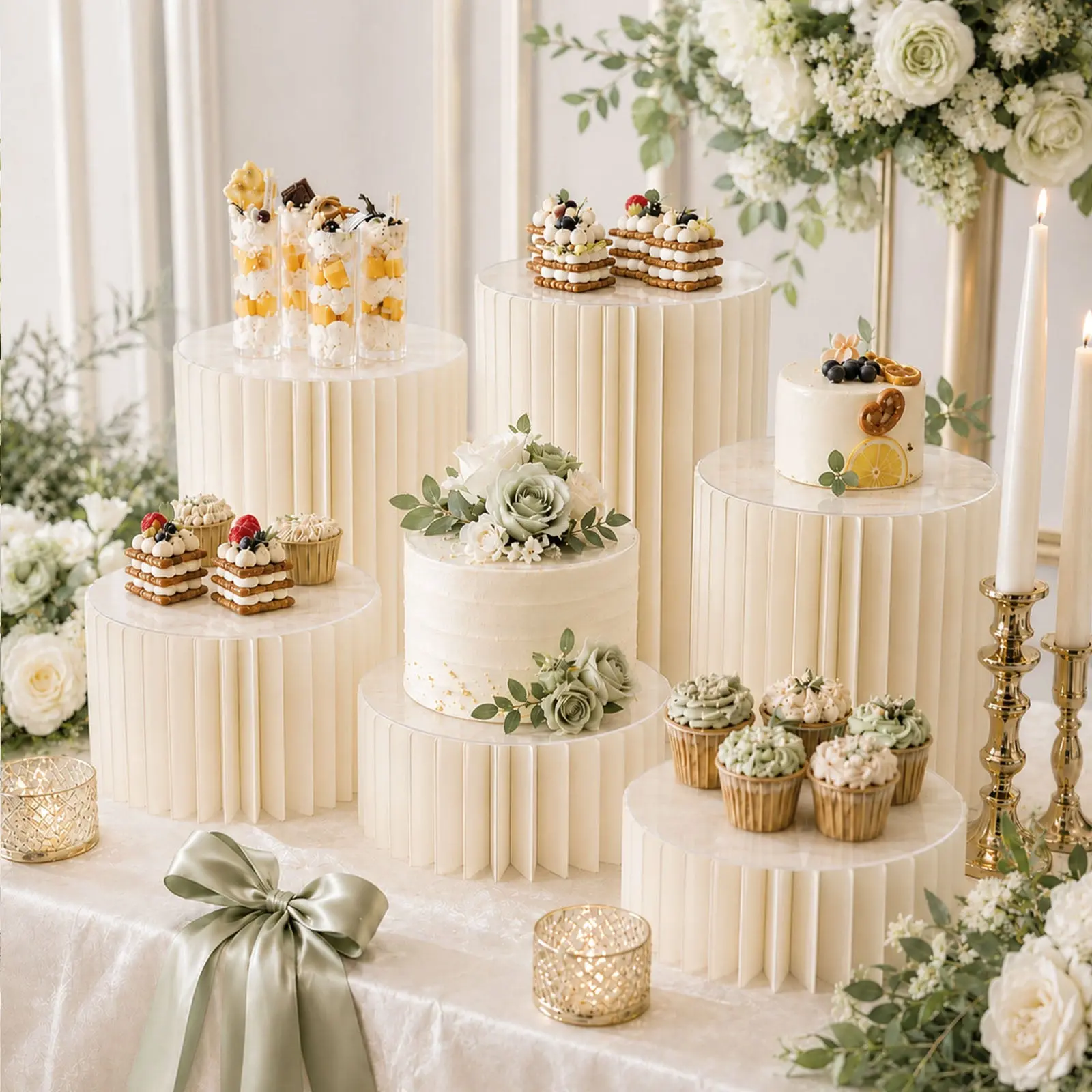 Set of 6 Ivory Dessert Display Risers, Foldable Cardboard Cylinder Pedestal Stands with Clear PVC Top Plates, Multi-Height Buffet Display, 4"–16"