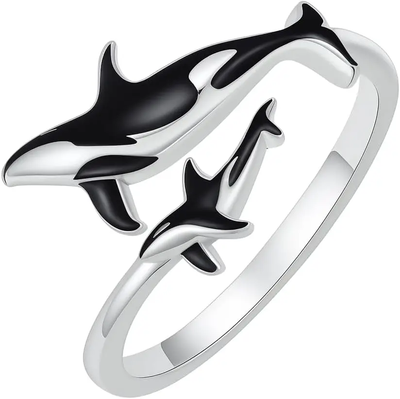 Orca Whale Animal Ring in Stainless Steel, Adjustable Black & Silver Unisex Fashion Jewelry, Lightweight 2.3g, 1.6 cm x 2.2 cm, 1.6 Cm Length