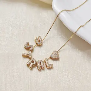 Customized 3D Bubble Letter Name Necklace with Sparkling Zircon, DIY 26 Initial Letter Necklace, Artificial Gemstone Jewelry Gift, Initial Necklaces