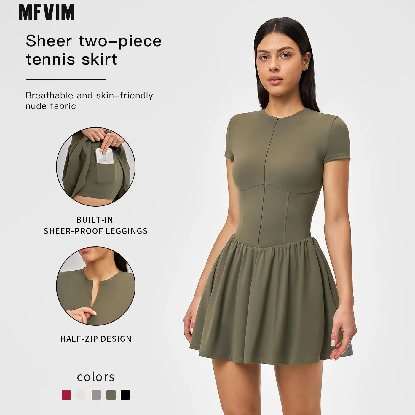 MFVIM solid-color waist-cinched short-sleeve dress, solid-color zip-up short-sleeve top, sporty bodycon mini skirt, pure‑desire inner lining, fashionable womenswear